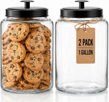 Large Glass Jars with Metal Lid, 1 Gallon Clear Cookie Candy Jar, 125 OZ Airtight Food Storage Container - Set of 2