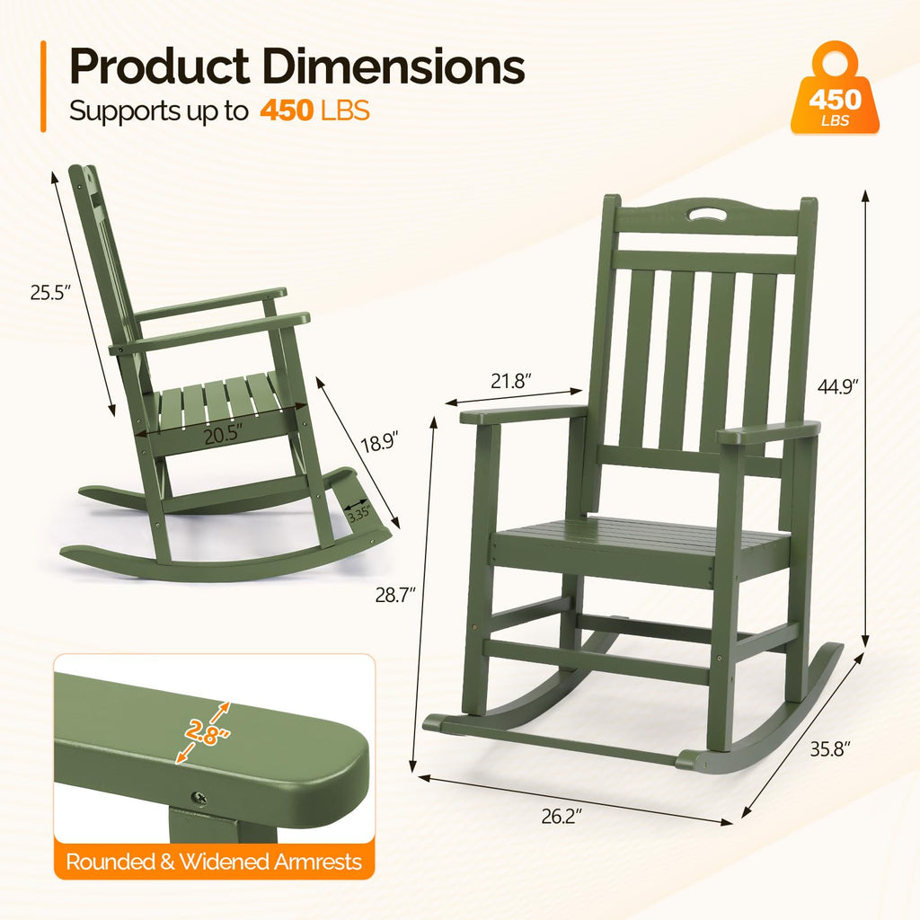 Outdoor Rocking Chair with Footrest, Wooden Rocker Set of 2, Green