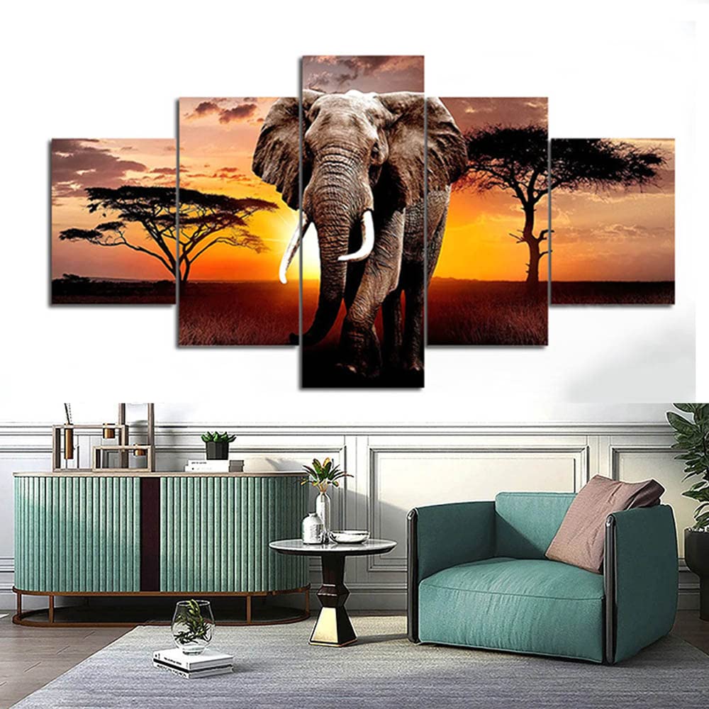 5 Pcs Africa Grassland Elephant Large Framed Canvas Wall Art Oil Painting Artwork On Stretched Canvas Print Painting