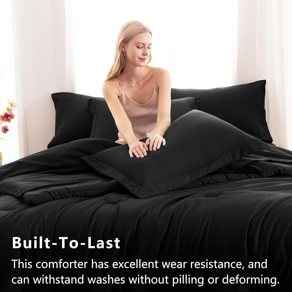 Queen Comforter Set Black, 7 Pieces Bed in a Bag Soft Bedding Comforter Set with Sheets