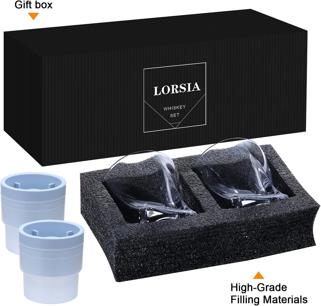 Whiskey Rocks Glass, Set of 4 (2 Crystal Bourbon Glasses, 2 Round Big Ice Ball Molds) In Gift Box - 11 Oz Old
