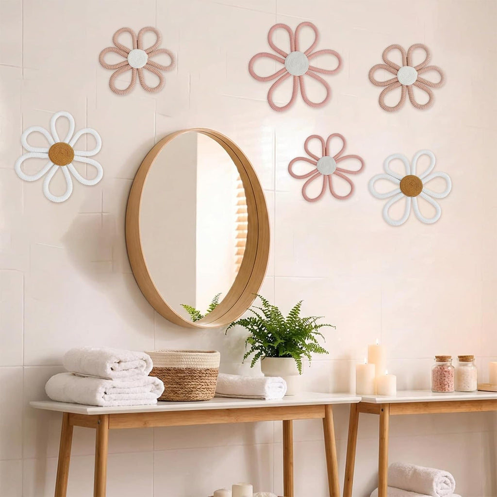 6 Pcs Boho Nursery Decor Daisy with Hooks 3 Size Daisy Flower Wall Decor Bohemian Nursery Decorations Flower Woven