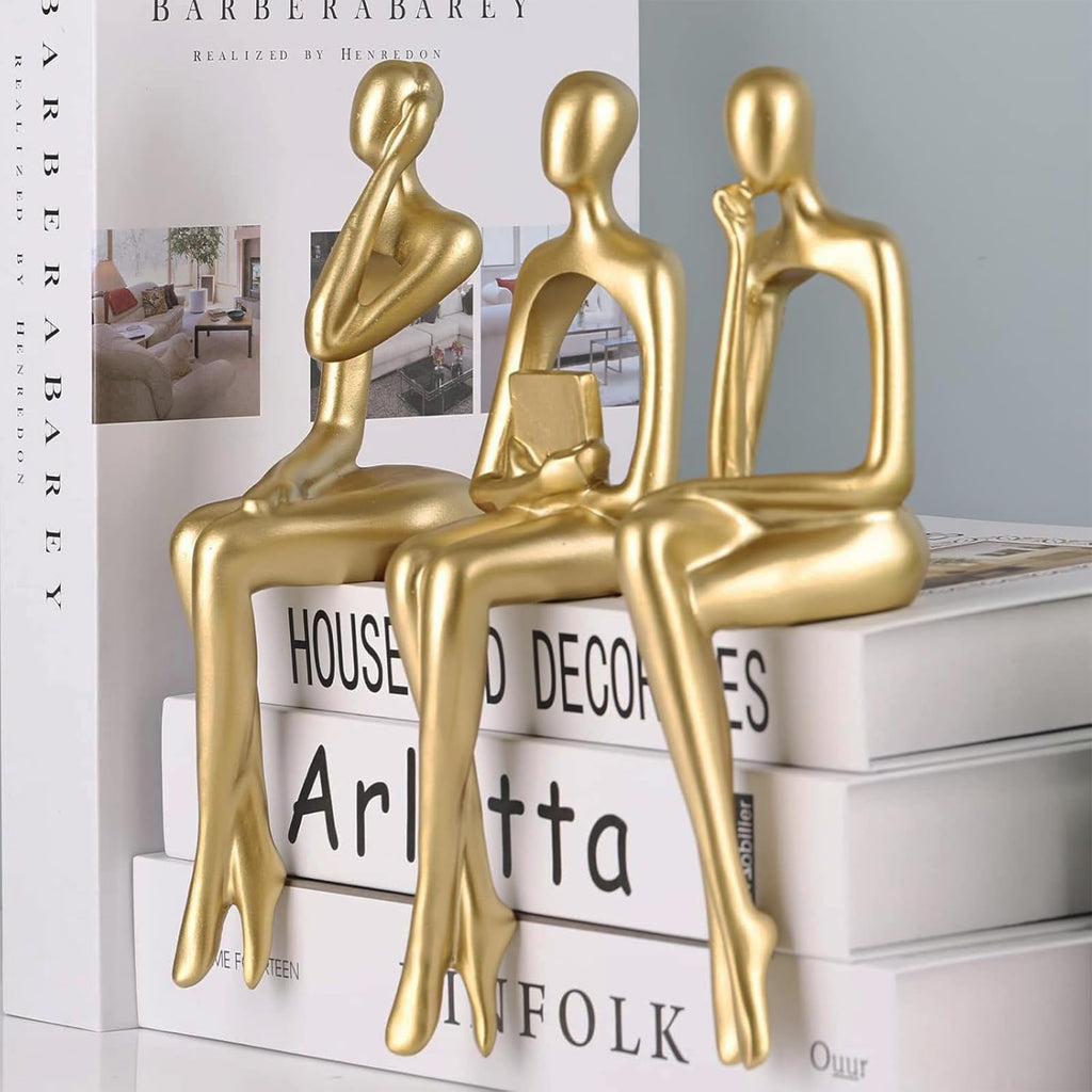 Resin Reading Sculpture Gold Decor Sitting Thinker Statue Abstract Sculptures, Bookshelf Decor Accents Resin Gold