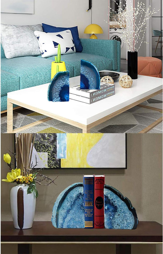 Heavy Blue Agate Geode Bookends Anti-Slip Rubber Pads Decor 6-8 lbs | 1Pair dyed blue crystal bookends Large heavy