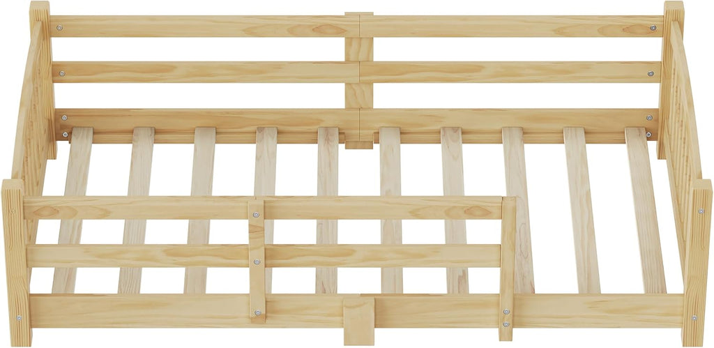 Montessori Floor Bed with Safety Guardrails - Solid Wood Bed Frame with Slats & Fence and Without Door, No Box