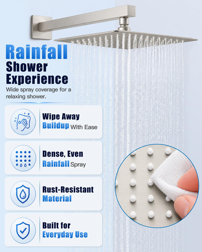 12 Inch Square Rain Shower Faucet Set with Valve, Brushed Nickel