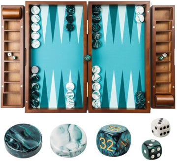 20 Inch Large Backgammon Sets for Adults, Green Backgammon Board, Solid Wood. Removable Accessory Tray, Premium 1.5