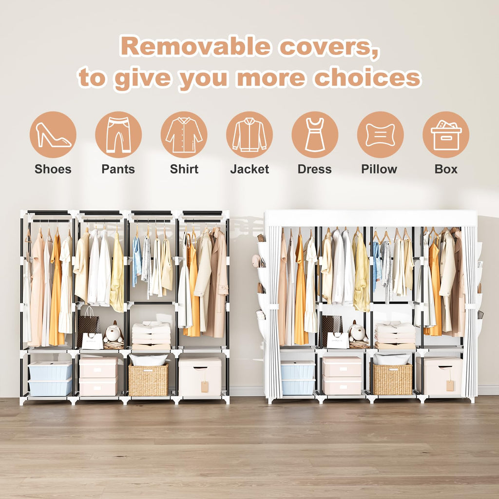 Portable Closet for Hanging Clothes, 67 Inch Wide Portable Wardrobe Closet with Cover, 4 Hanging Rod, Storage Shelves