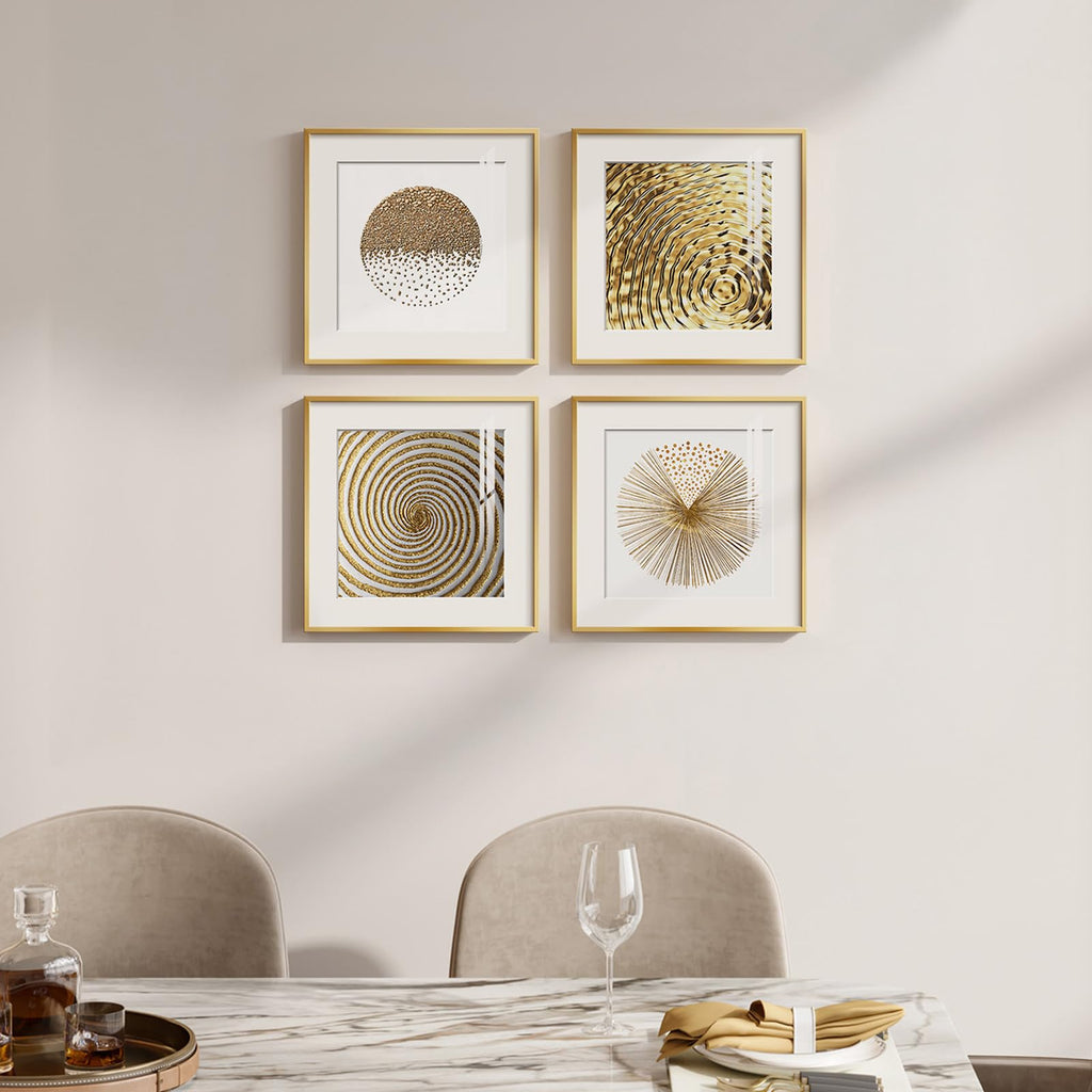 4 Piece Framed Modern Gold and White Wall Art, 12x12 Inch