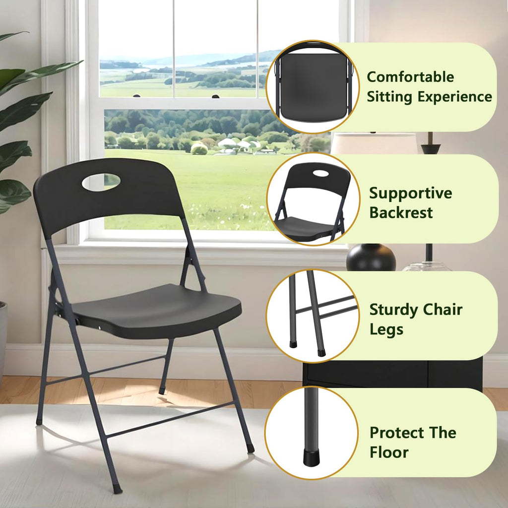 Black Folding Chairs 6 Pack, Outdoor Portable Plastic Foldable Chairs with Metal Frame, 350lbs Capacity Heavy Duty