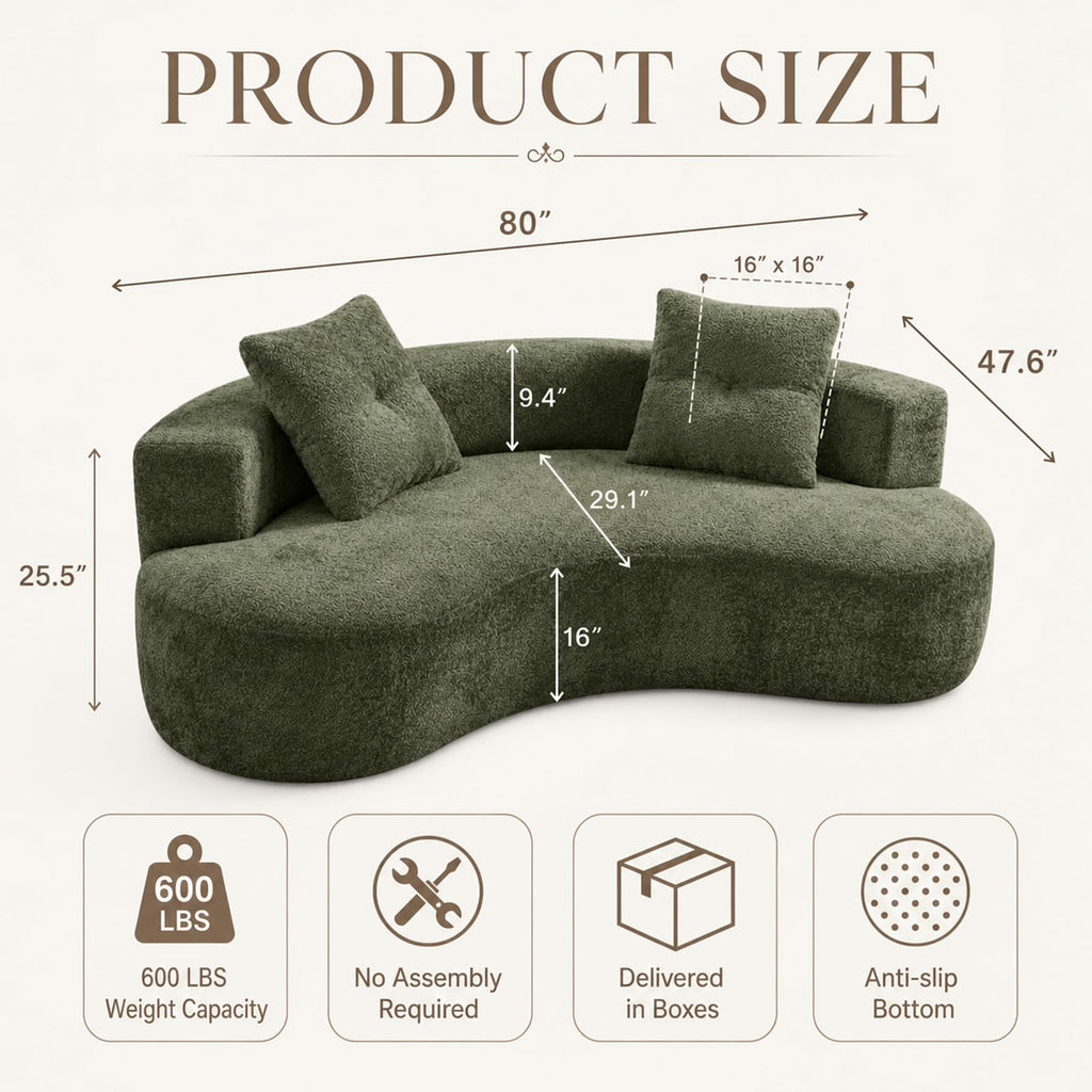 Luxury 80" Curved Loveseat, Chenille Curved Couch with 2 Big Pillows & Extra Wide Armrests, Comfy Upholstered