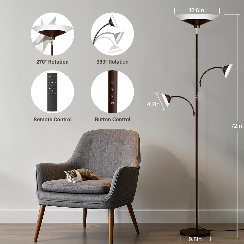 42W 3-Light Torchiere Floor Lamp, LED Tree Standing Lamp