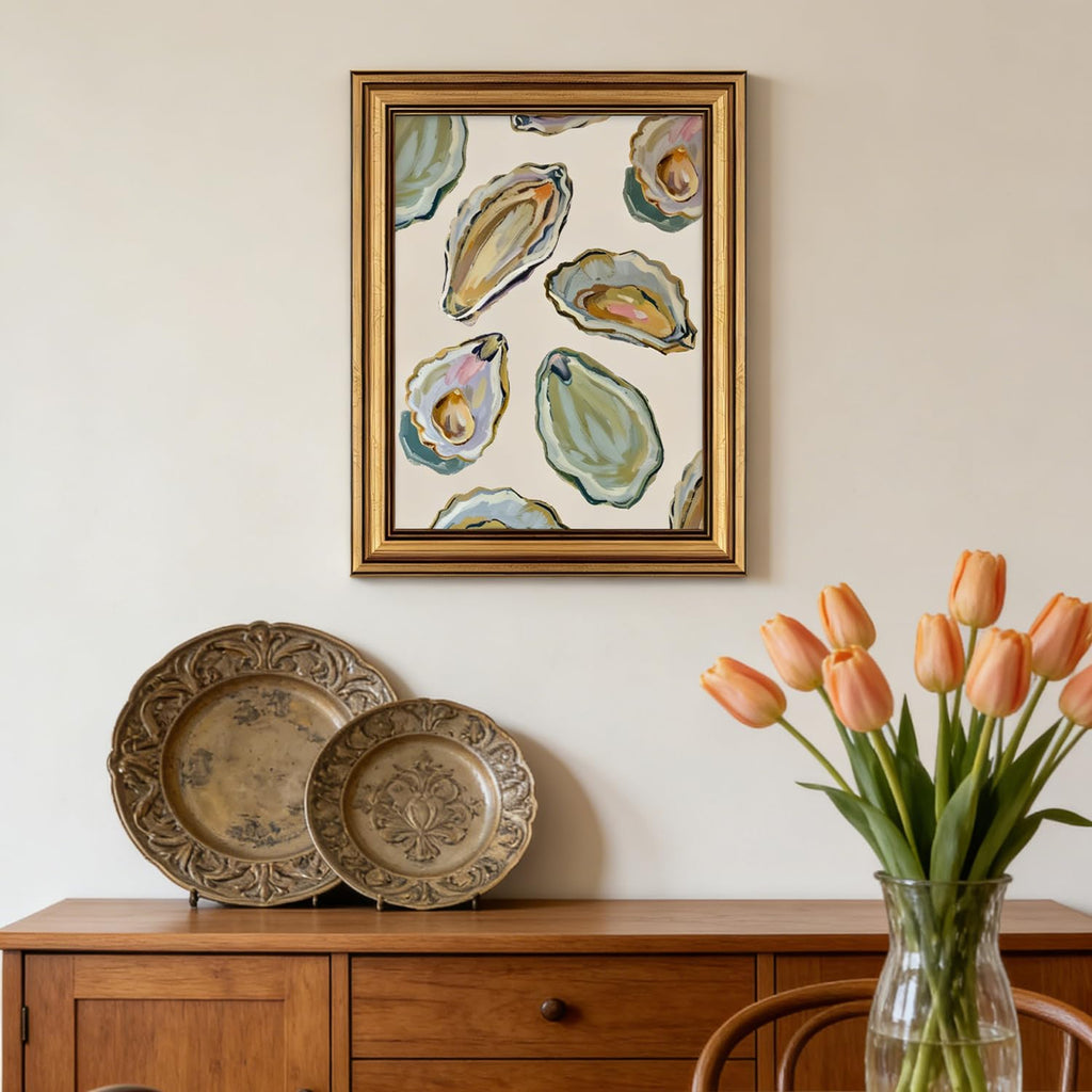 Vintage Gold Framed Wall Art Abstract Coastal Oyster Shell Painting Picture Wall Decor Coastal Beach House Poster