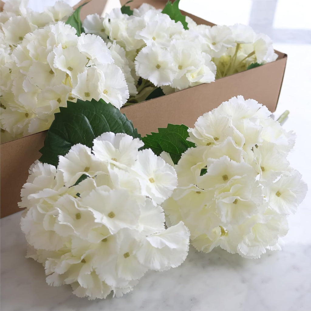 White Silk Hydrangea Flowers with Stems - Set of 12