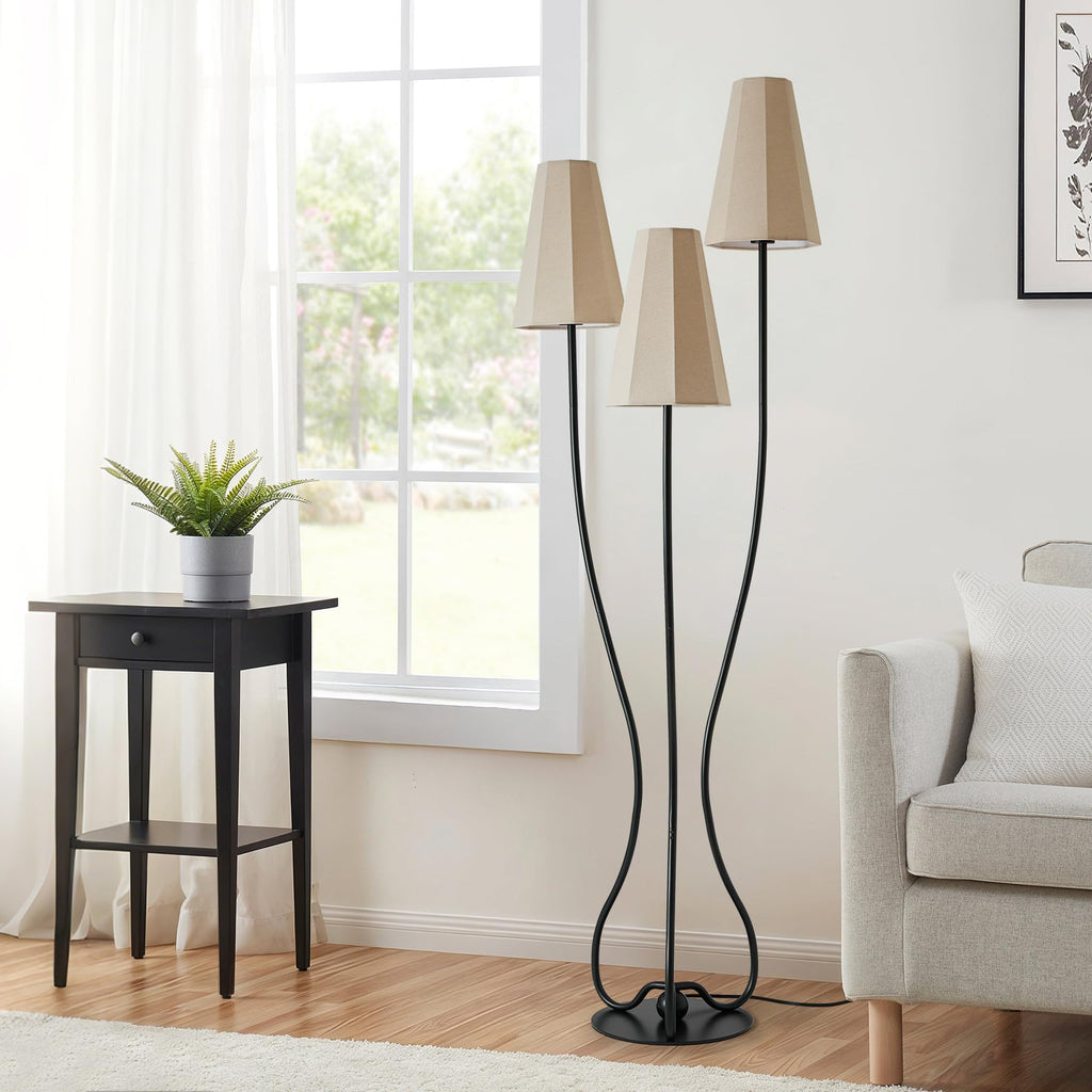 Artistic Vintage Floor Lamp, 3-Light Standing Lamps with Sculptural Curved Iron Base & Octagonal Linen Shades