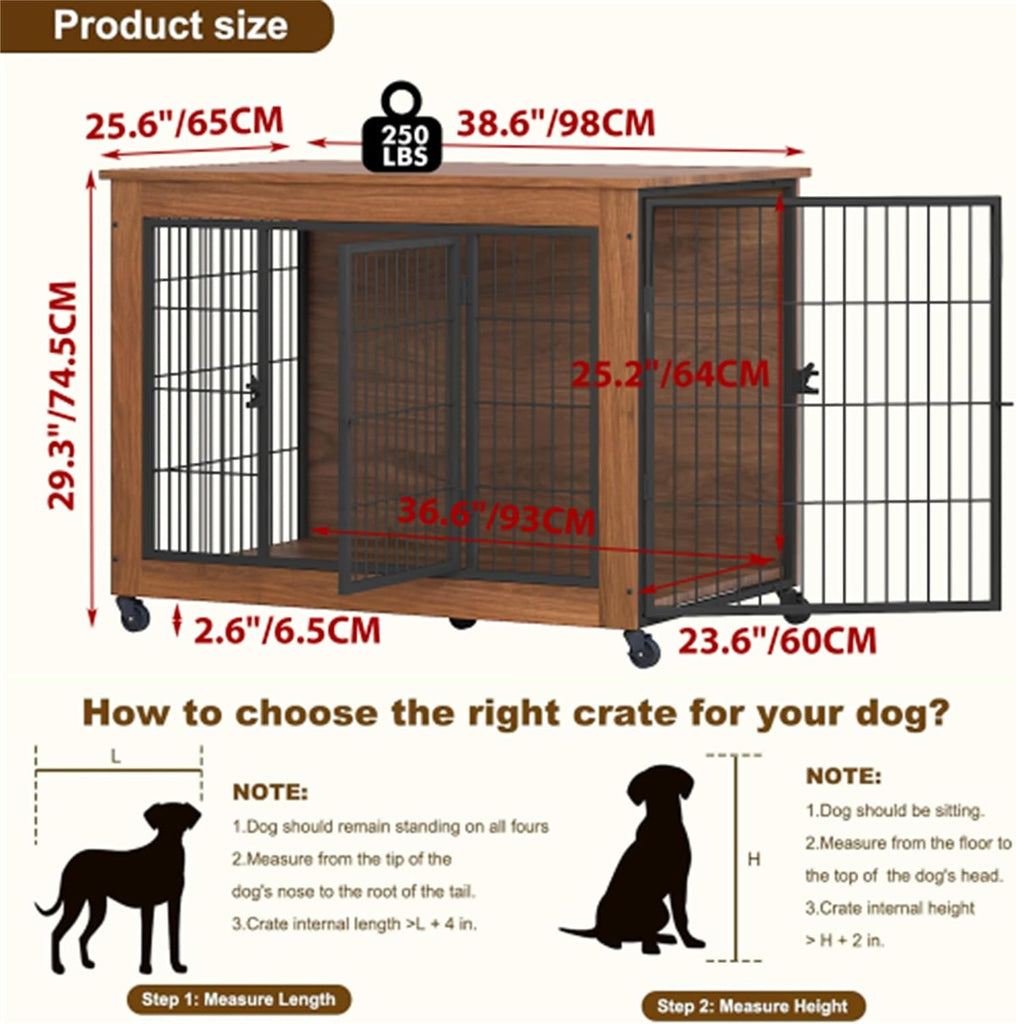 Dog Crate Furniture with Wheels 38.6in, Heavy Duty Indoor Kennel