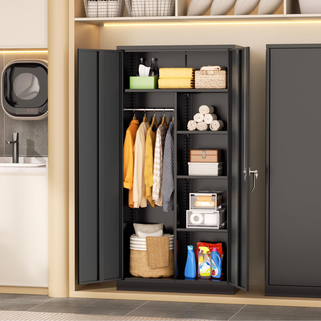 Metal Wardrobe Cabinets with Lock, 72" Clothing Storage Cabinets with Hanging Rod and 4 Adjustable Shelves, Armoire