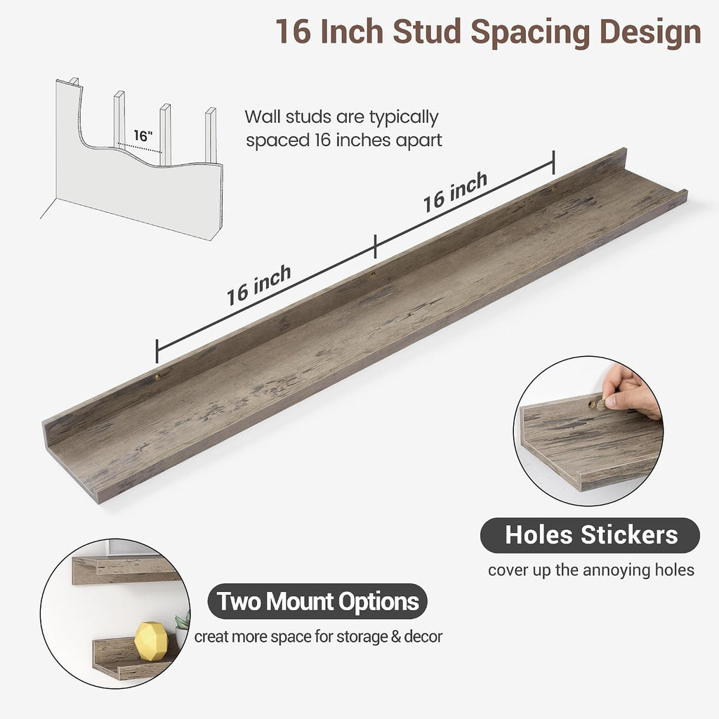Picture Ledge Shelf, 48 Inch Grey Floating Shelves Set of 3 | Wall Shelves with Lip, Rustic Grey Wood Picture Shelf