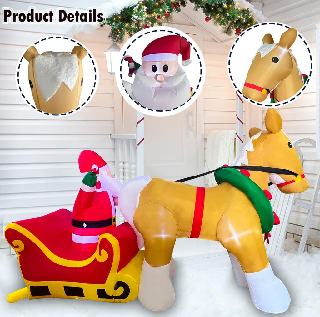 7FT Christmas Inflatables Santa Claus on Sleigh with a Horse Decorations, LED Lighted Xmas Christmas Blow up Yard