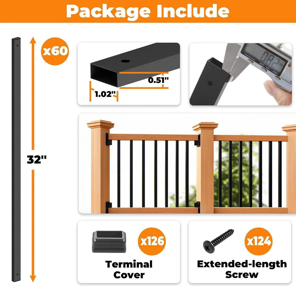 60 Pack 32" Balusters for Deck Railing, Black Rectangular Spindles