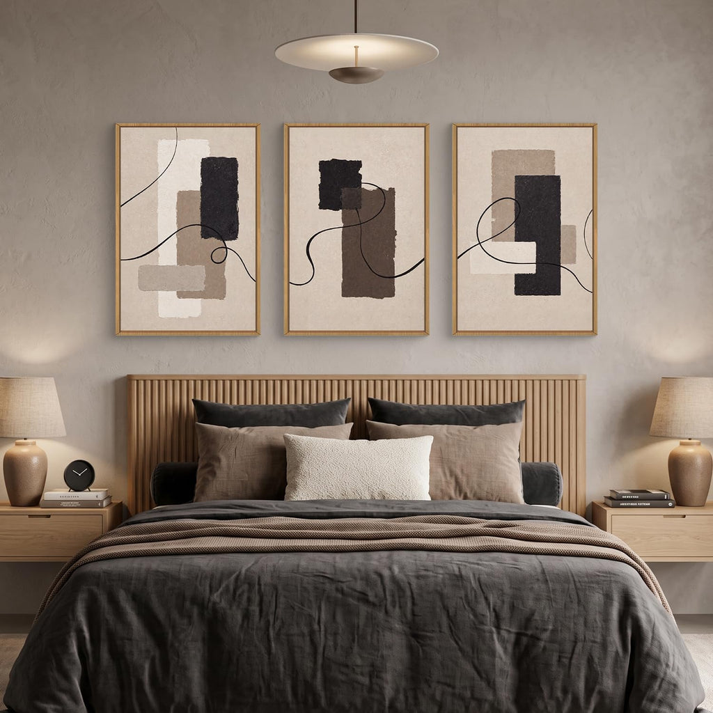 Large Neutral Abstract Brown Framed Canvas Wall Art Set -24''x36''x3