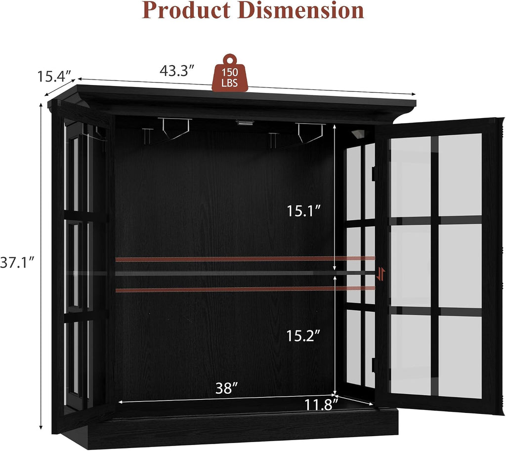 Modern 43" Display Cabinet, Vintage Curio Cabinet with LED Light and Wine Glass Holder, Farmhouse Wine Bar Cabinet