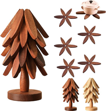 Natural Tree Trivet Set, 3/4/5 Wooden Trivets & 1 Stand Like a Christmas Tree, for Hot Pots and Dishes & Cup (Walnut