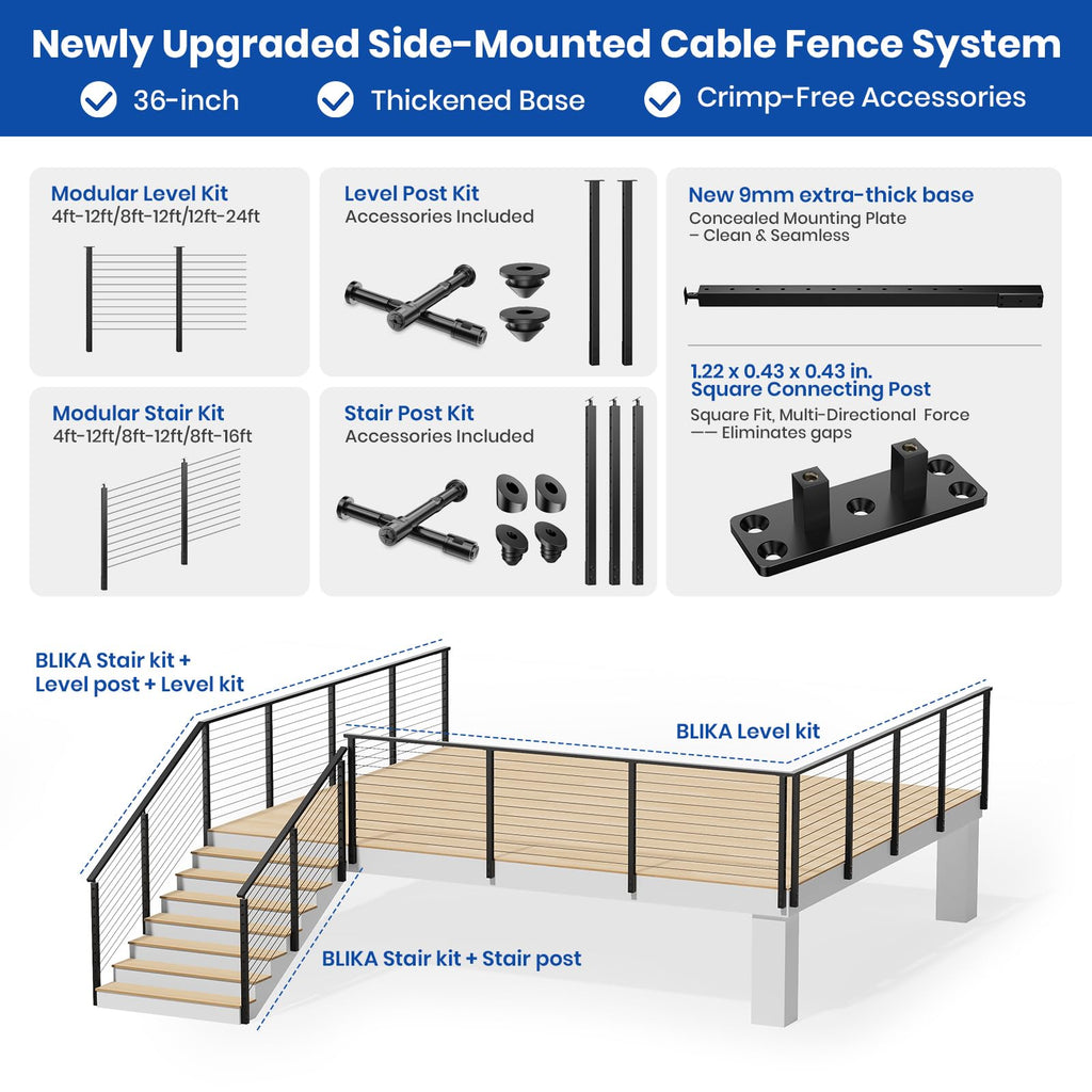 12-24FT Side Mount Cable Railing Post Kits 36 Inch, Black Space-Saving