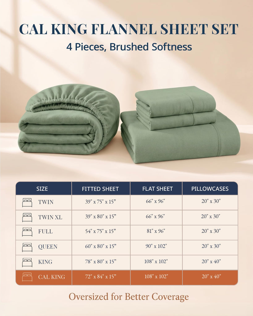100% Cotton Cal King Flannel Sheet Set - Soft & Warm - Sage