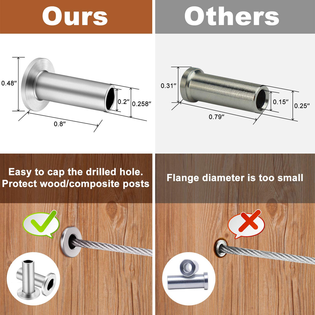 120 Pack Stainless Steel Protector Sleeves for 1/8" 5/32" or 3/16" Deck Cable Railing, for Wood/Composite Posts, T316