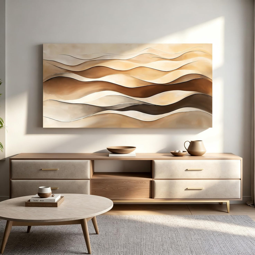 Large Abstract Canvas Wall Art Decor Print Brown White Aesthetic Wall Decor Painting Prints Minimalist Wavy Stripes