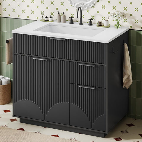 31" Fluted Freestanding Bathroom Vanity with Sink - Cabinet with Door Storage & 3 Drawers