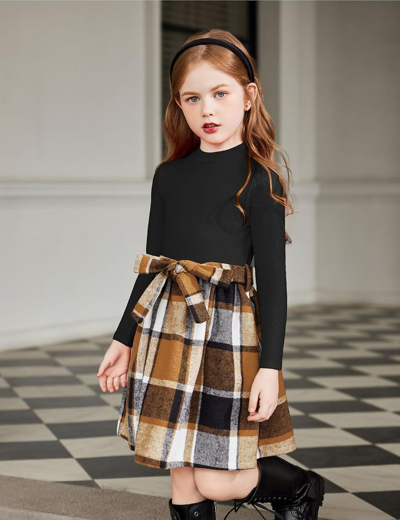 Girls Long Sleeve Rib Knit Plaid Patchwork Dress with Pockets