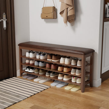 Shoe Bench with Leather Cushion, 3 Tiers Shoe Storage Bench Height Adjustable, Walnut Wood Entryway Bench, Mudroom