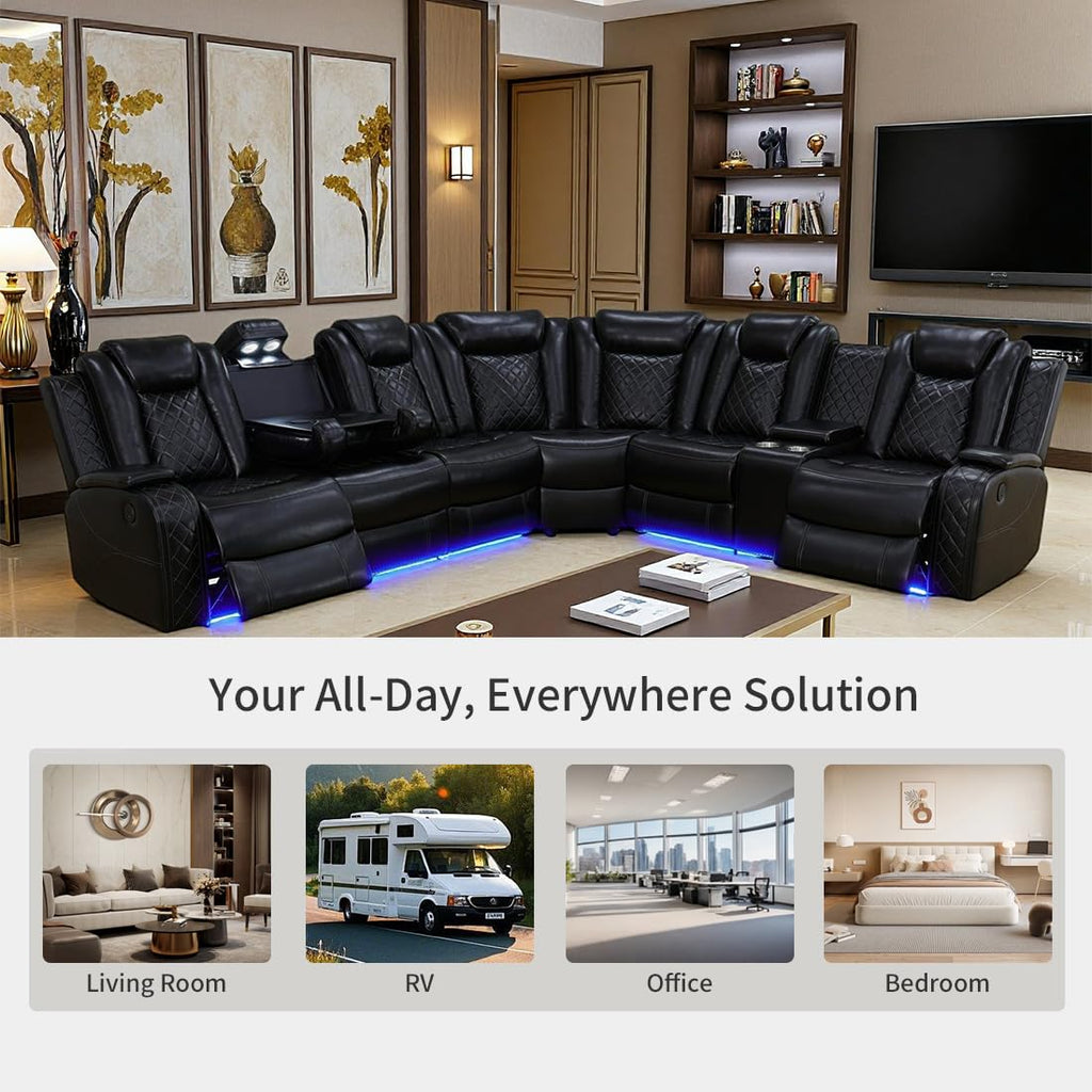 Power Reclining Sofa Set with LED Light, Leather Sectional Couch, Living Room Furniture Sets, Modern Power Recliner