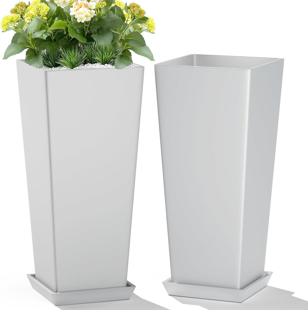 Set of 2 Tall Planters, 24" Large Indoor Outdoor Flower Pots with Tray, Modern Tapered Planters for Porch, Patio