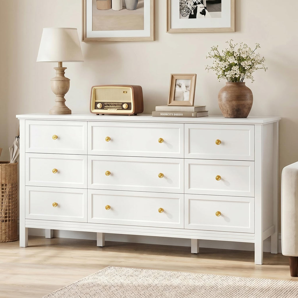59" White with 9 Drawer & Modern Gold Handles