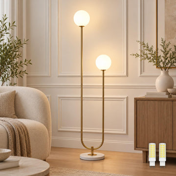 2 Globe Floor Lamp Mid Century Modern, 59′′ Gold Standing Lamp with Frosted Glass Shade & LED Bulbs, Tall Pole Light