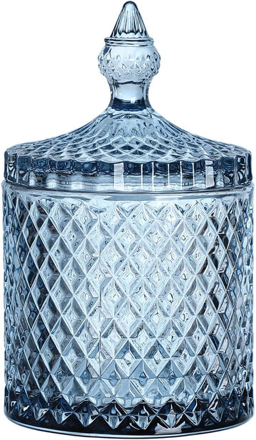 Diamond Faceted Crystal Glass Candy Jar with Lid, 18oz Blue Decorative Jar, Nut Jar, Dried Fruit Storage Jar.
