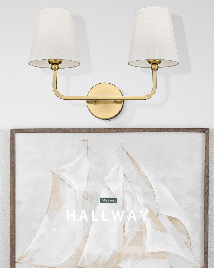 2 Light Bathroom Vanity Light, Brushed Gold Double Wall Sconce with Flared White Fabric Shade, Modern Sconces Wall