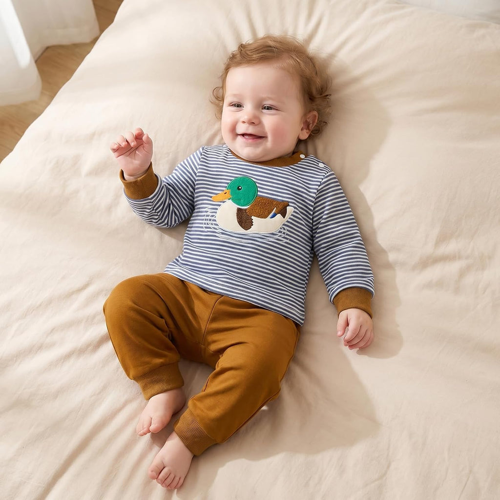 Toddler Boy Fall Outfits Duck Embroidery Baby Sweatshirt Pants Set