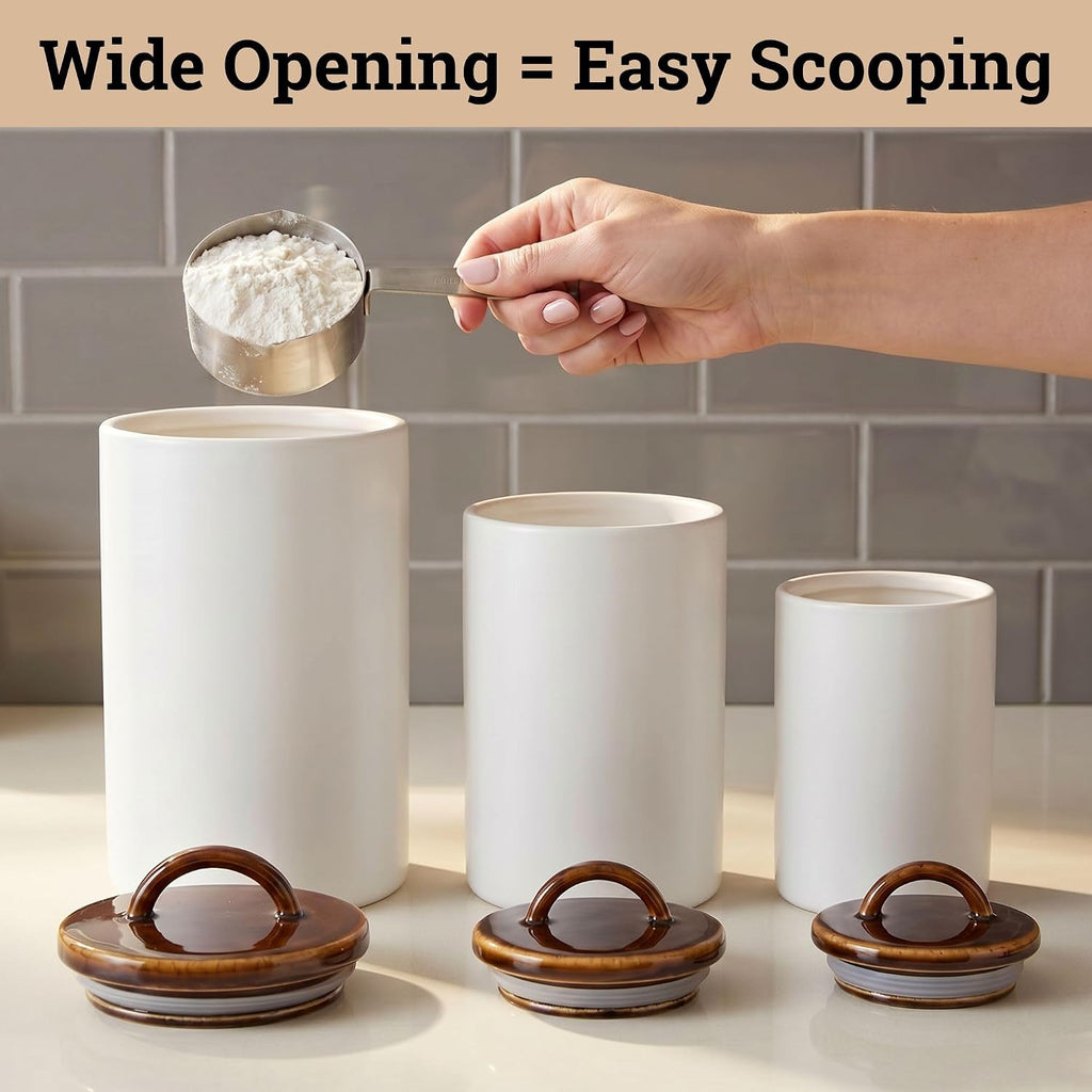 Ceramic Kitchen Canisters for Countertop w/ Airtight Ceramic Lids - Set of 3