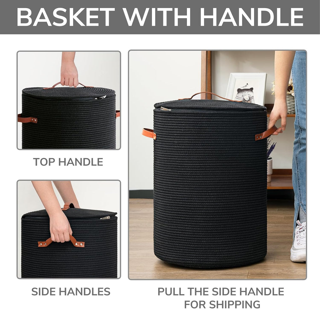 Large Woven Laundry Basket with Lid & Leather Handles, 60L, Black | 15" x 20" Tall Laundry Hamper, Storage Basket for