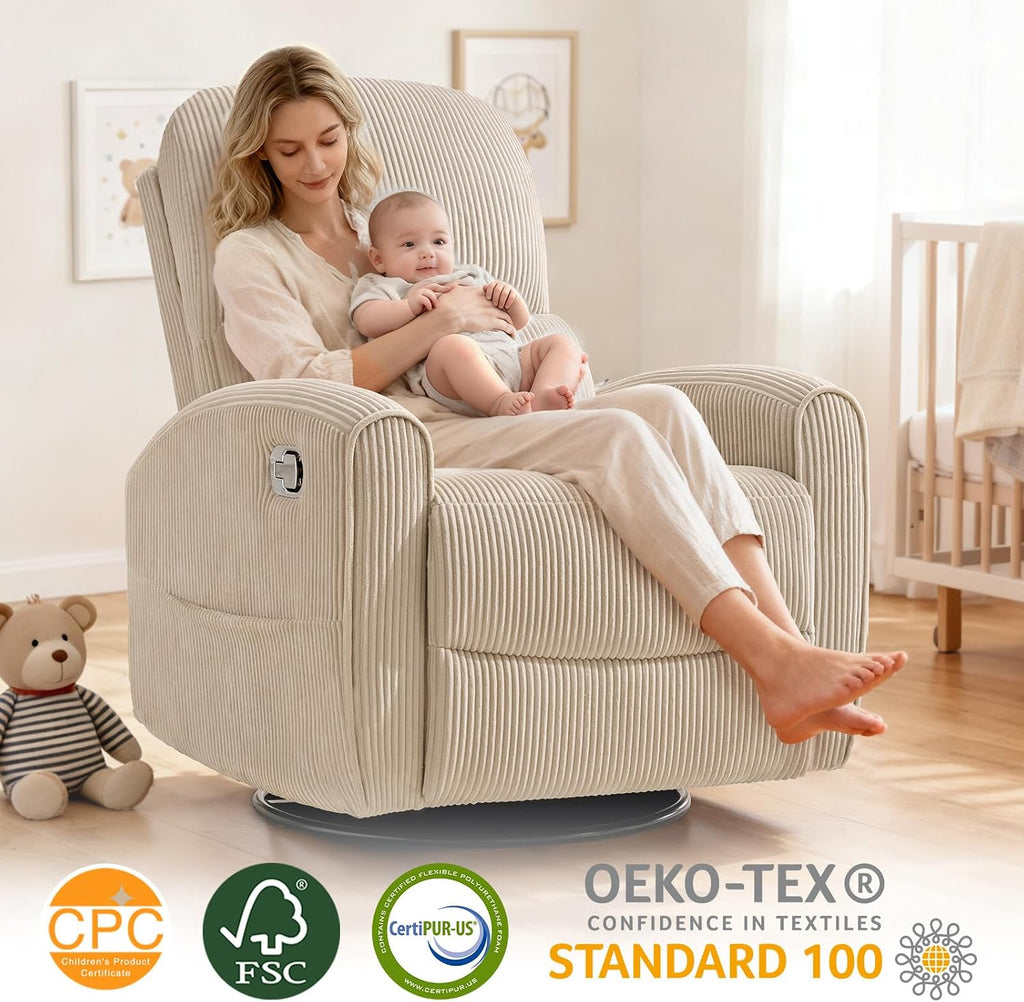 Swivel Rocker Recliner, Manual Glider Recliner Chair with Adjustable Headrest and Lumbar Support, Upholstered Rocking