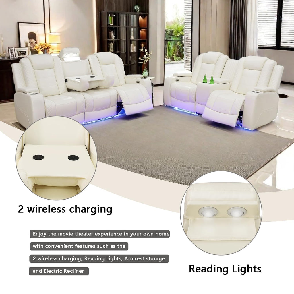 Power Leather Recliner Sofa Set with LED Lights, Recliner Sofa Sectional Couches, Reclining Sofa and loveseat with