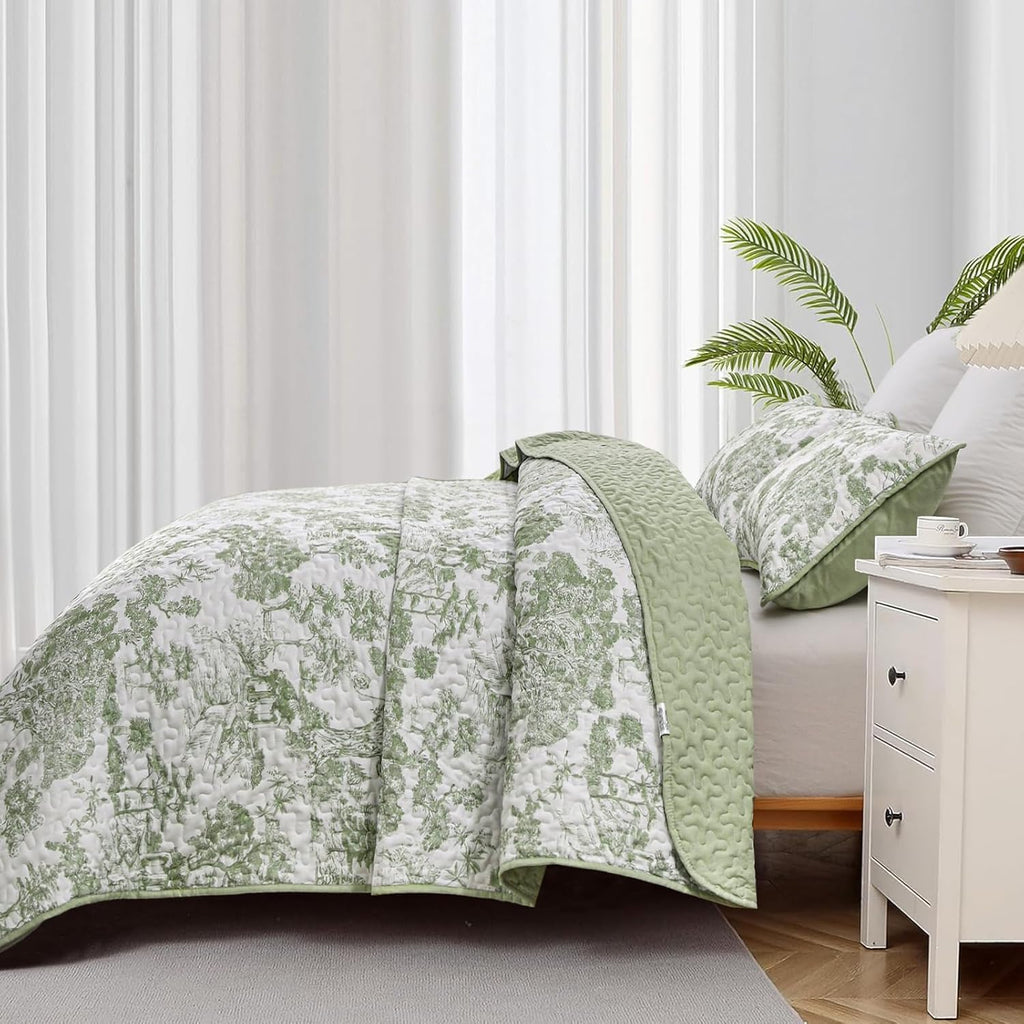 Botanical Quilt Set Queen, Sage Green 3 Pieces Floral Plants Printed Bedspread Bedding Set Soft Lightweight