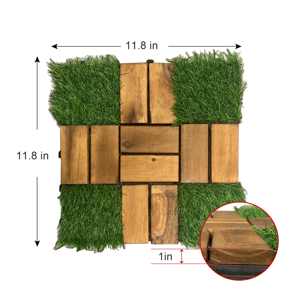 Artificial Grass with Acacia Wood Deck Tiles 10PCS 12''x12'' Interlocking Deck Tiles,Patio Deck Tiles, Wood Deck Tiles
