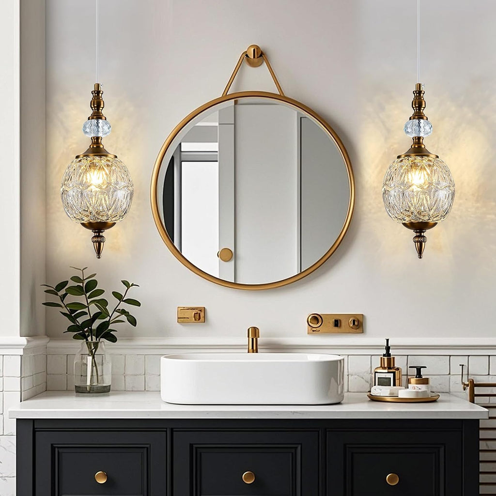 Vintage Glass Pendant Light Antique Brushed Gold Chandelier 4.72" Mini Adjustable Hanging Ceiling Light Fixture for
