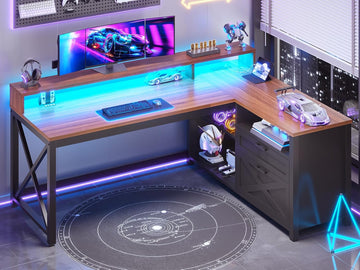 L Shaped Gaming Desk with Drawers, 55" Farmhouse Computer Desk with File Drawer and Storage Shelves, Corner Gaming