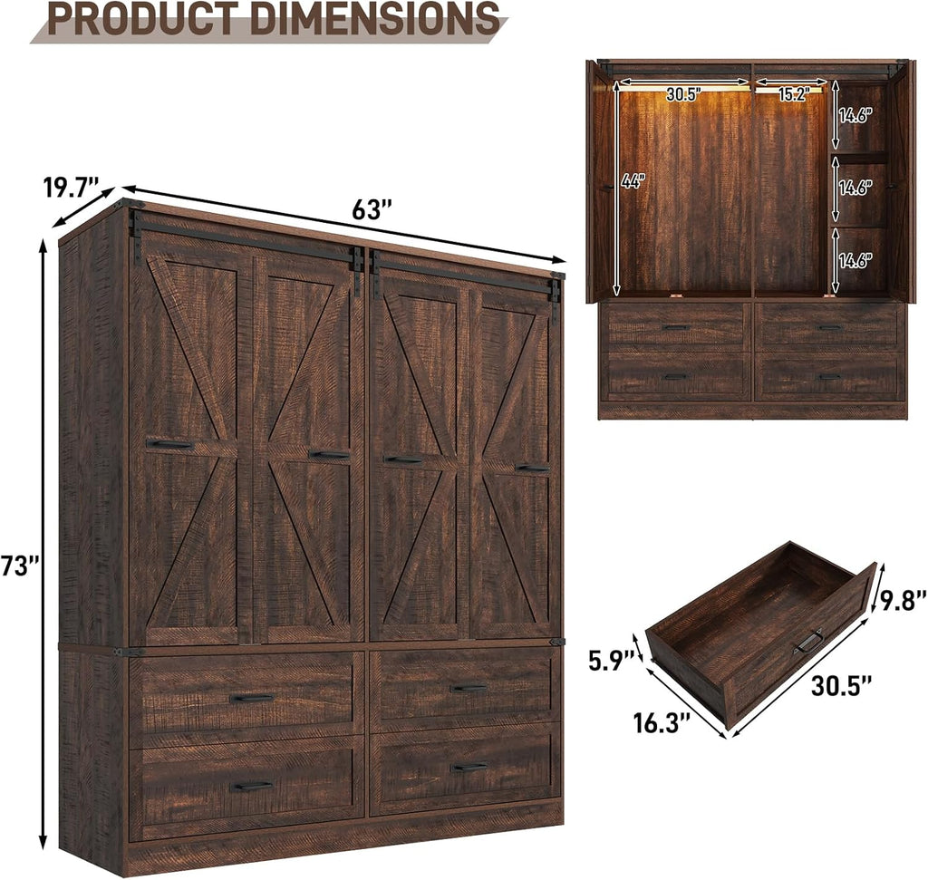 Farmhouse 4 Doors Armoire Wardrobe Closet w/Folding Sliding Barn Door and Lights, LED Armoire Closet w/Drawers
